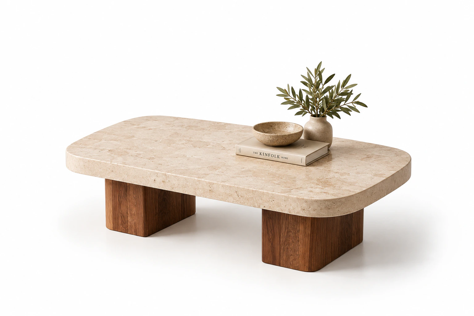 Table de salon en béton ciré beige sur pieds en bois massif, collection Toscane