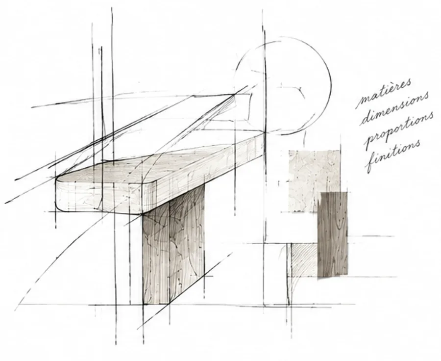 Croquis de l’étape Concevoir : matières, dimensions, proportions, finitions