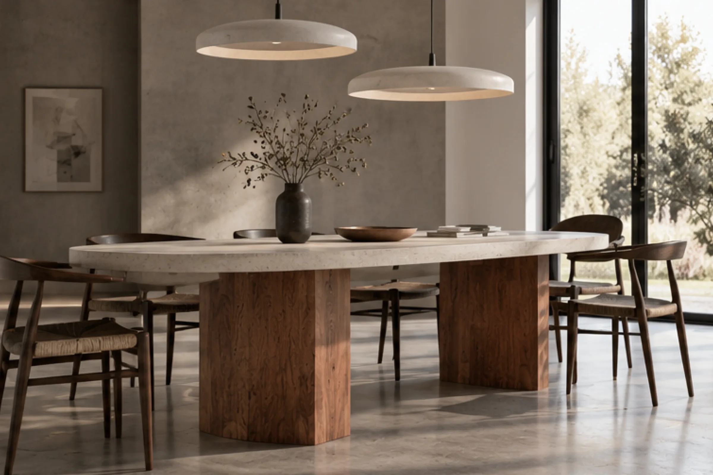 Table de salle à manger en béton ciré et bois massif