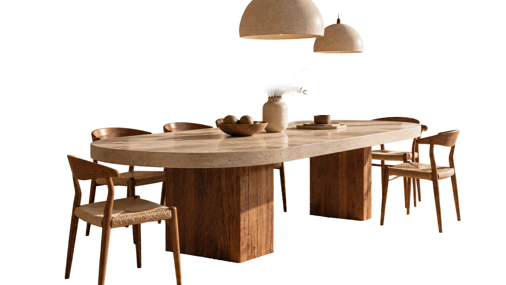 Table de salle à manger ovale en béton ciré sur pieds en bois massif, avec chaises