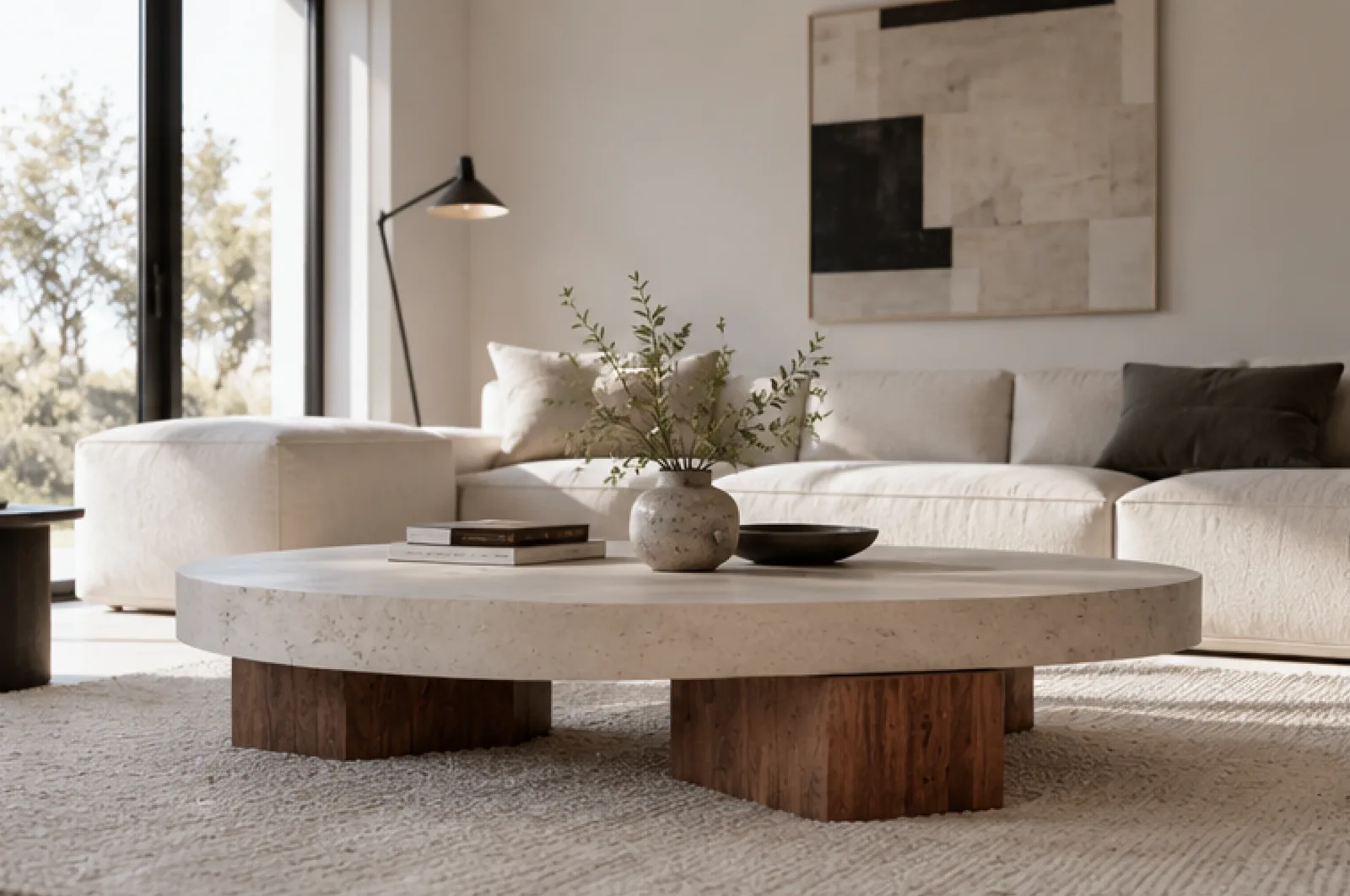 Salon contemporain avec une table basse en béton ciré