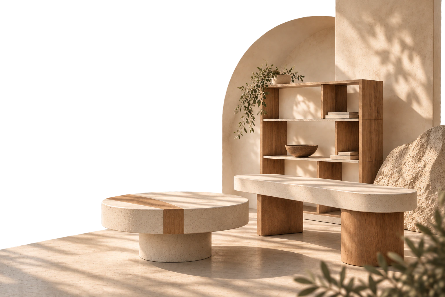 Étagère en béton ciré dans une niche en arche, avec tables basses en béton ciré et bois