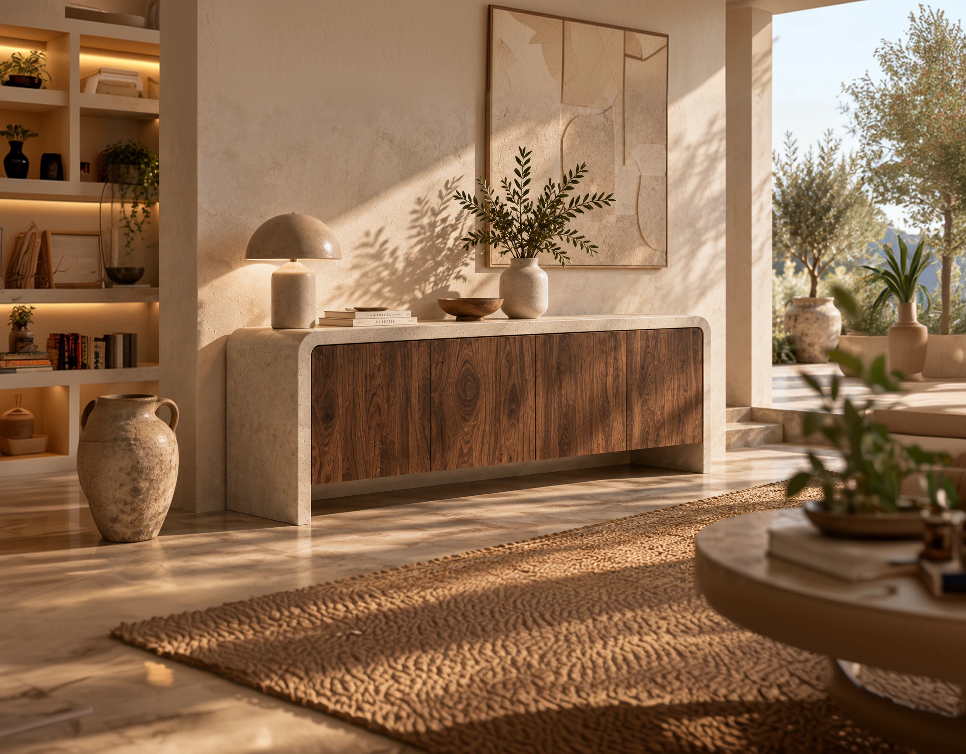 Console en béton ciré et bois massif dans un salon baigné de lumière