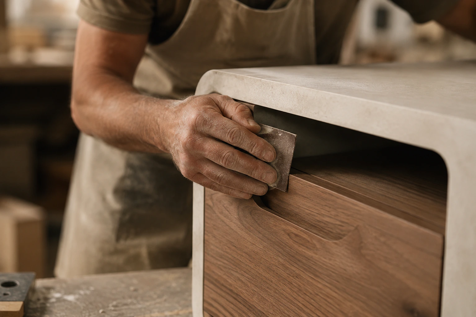 Artisan qui ponce à la main le bord d’un meuble en béton ciré et bois