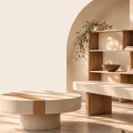 Étagère en béton ciré dans une niche en arche, avec tables basses rondes en béton ciré et bois
