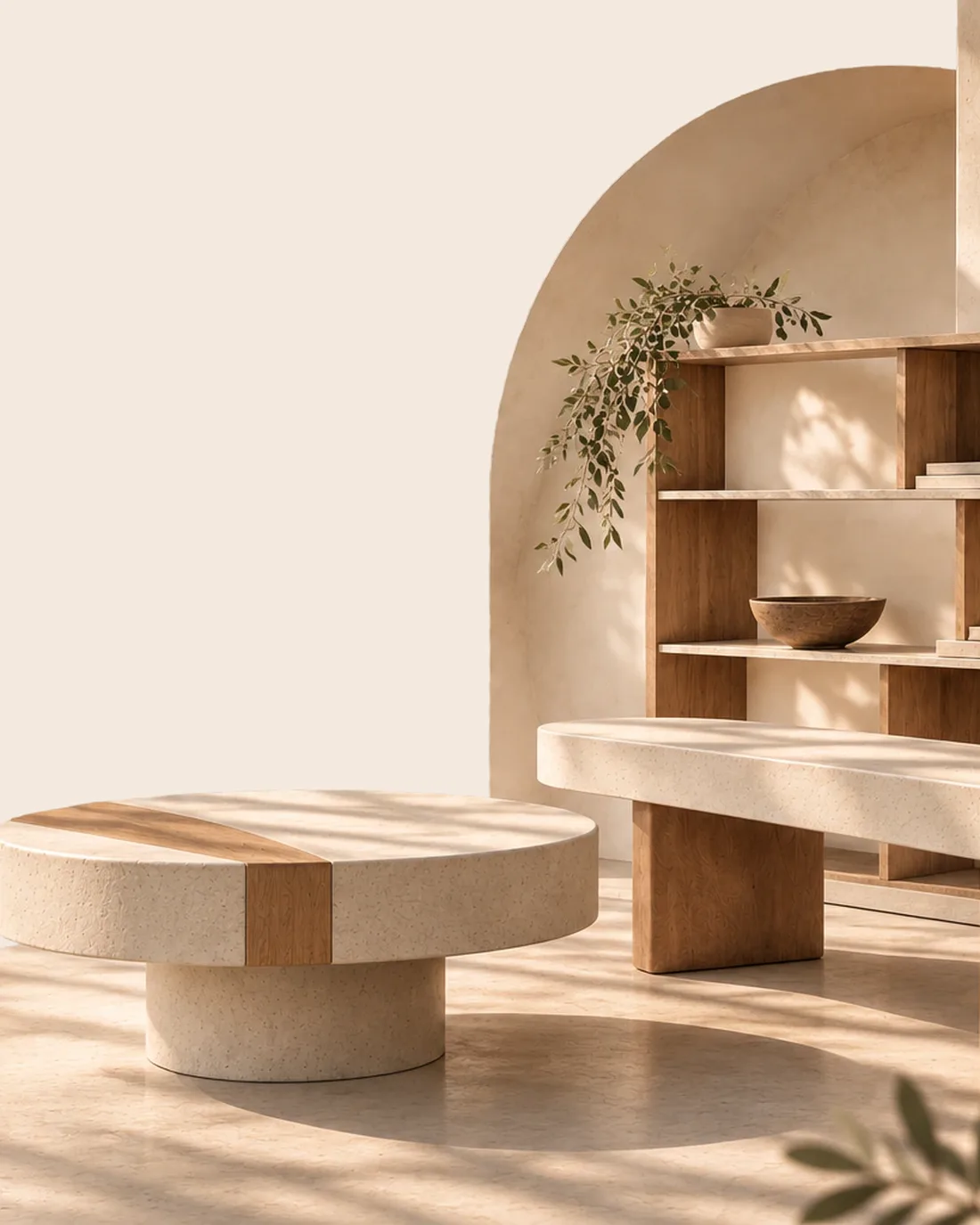 Étagère en béton ciré dans une niche en arche, avec tables basses rondes en béton ciré et bois