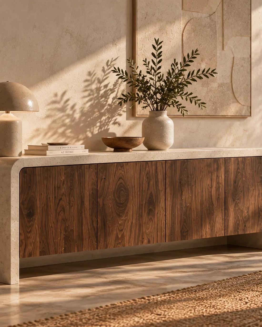 Console en béton ciré et façades en bois massif, décorée d’un vase et d’une lampe