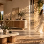 Salon avec table basse en béton ciré et bois massif, buffet en bois et vue sur le jardin