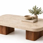 Table de salon en béton ciré beige sur pieds en bois massif