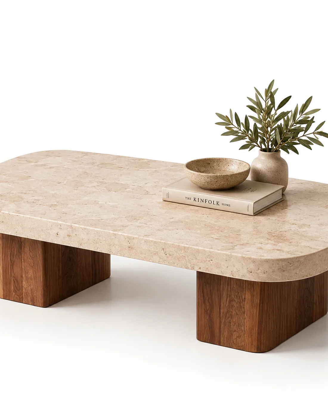 Table de salon en béton ciré beige sur pieds en bois massif