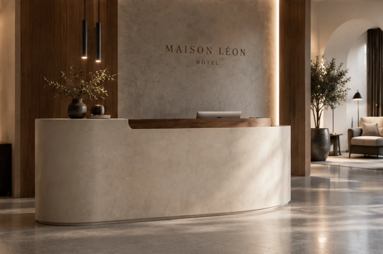 Comptoir d’accueil d’hôtel en béton ciré