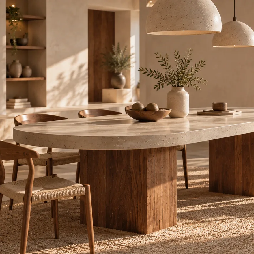 Table à manger en béton et bois massif entourée de chaises, dans une lumière dorée