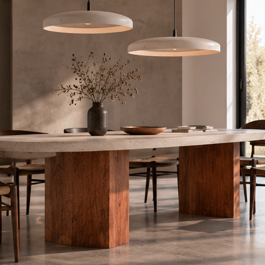 Table à manger ovale en béton et bois massif sous des suspensions
