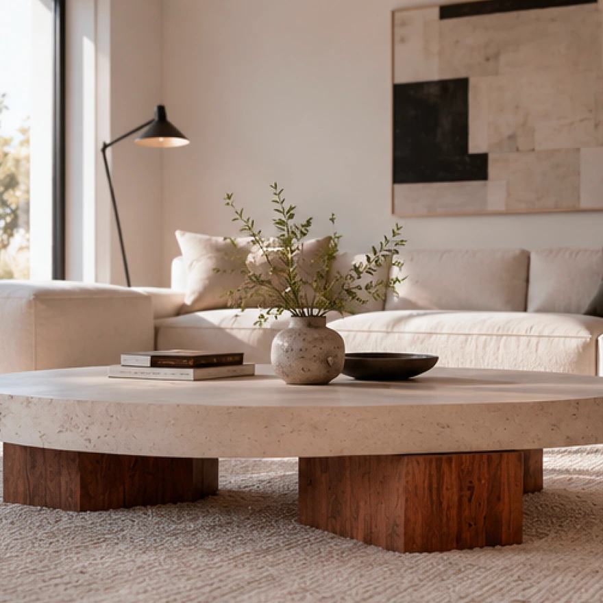 Salon avec une table basse ronde en béton ciré sur pieds en bois