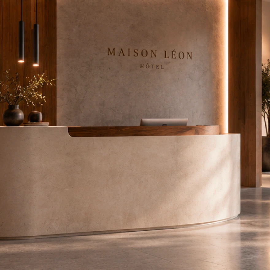 Comptoir d’accueil de l’hôtel Maison Léon en béton ciré et bois